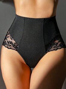 SHEIN Women's Elegant Black High Waisted Lace Trim Shapewear Shorts With Slight Stretch Fabric And Plant Pattern Details For A Flattering Fit - Black - View 2