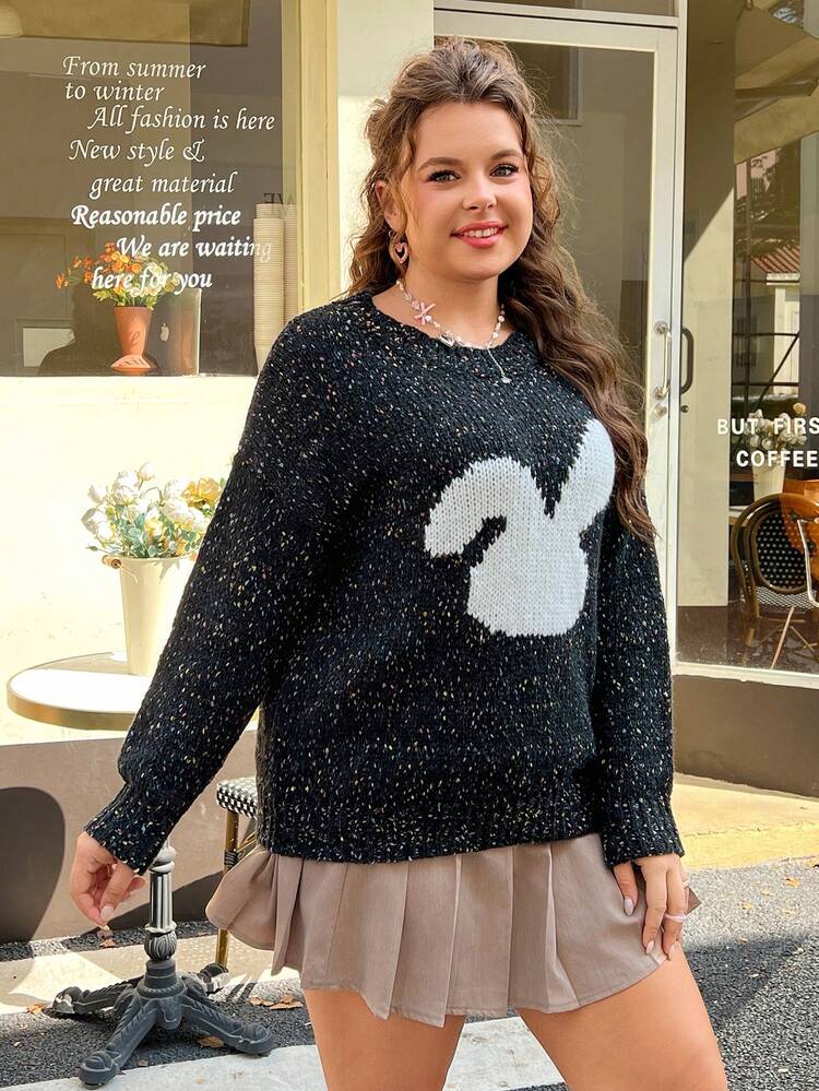 Plus Size Rabbit Pattern Colorful Dots Sweater