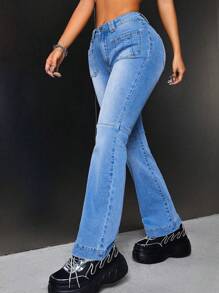 SHEIN ICON Slant Pocket Flare Leg Jeans - Medium Wash - View 1