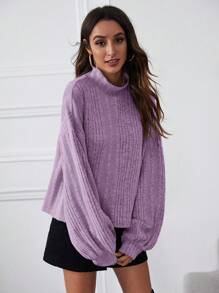 SHEIN Essnce Camiseta de cuello alto de hombros caídos de manga farol tejido de canalé - Púrpura malva - Ver 5