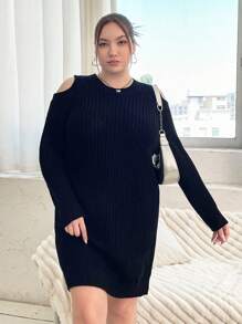 Flirla 大碼挖肩條紋針織毛衣洋裝