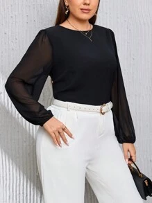 SHEIN Privé 大碼素色燈籠袖襯衫