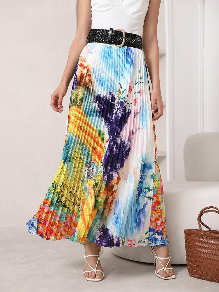 Plants Print Pleated Skirt Without Belt