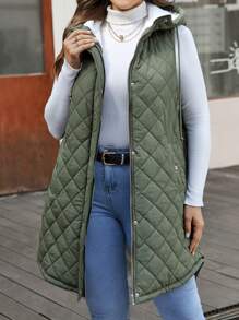 SHEIN LUNE Hơn Dây kéo Dây rút áo có mũ Áo khoác vest quilted - xanh quân đội - Xem 5