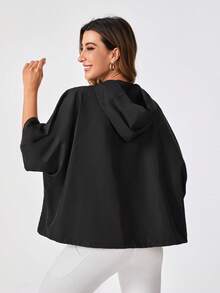 SHEIN Daily&Casual Batwing Sleeve Drawstring Hem Zip Up Sports Hooded Jacket - Black - View 2