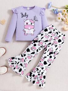 SHEIN Cô Gái Trẻ In hoa bò Viền Ruffle Áo thun & Đồ họa Hoạt hình Quần ống loe - Màu tím hoa cà - Xem 1