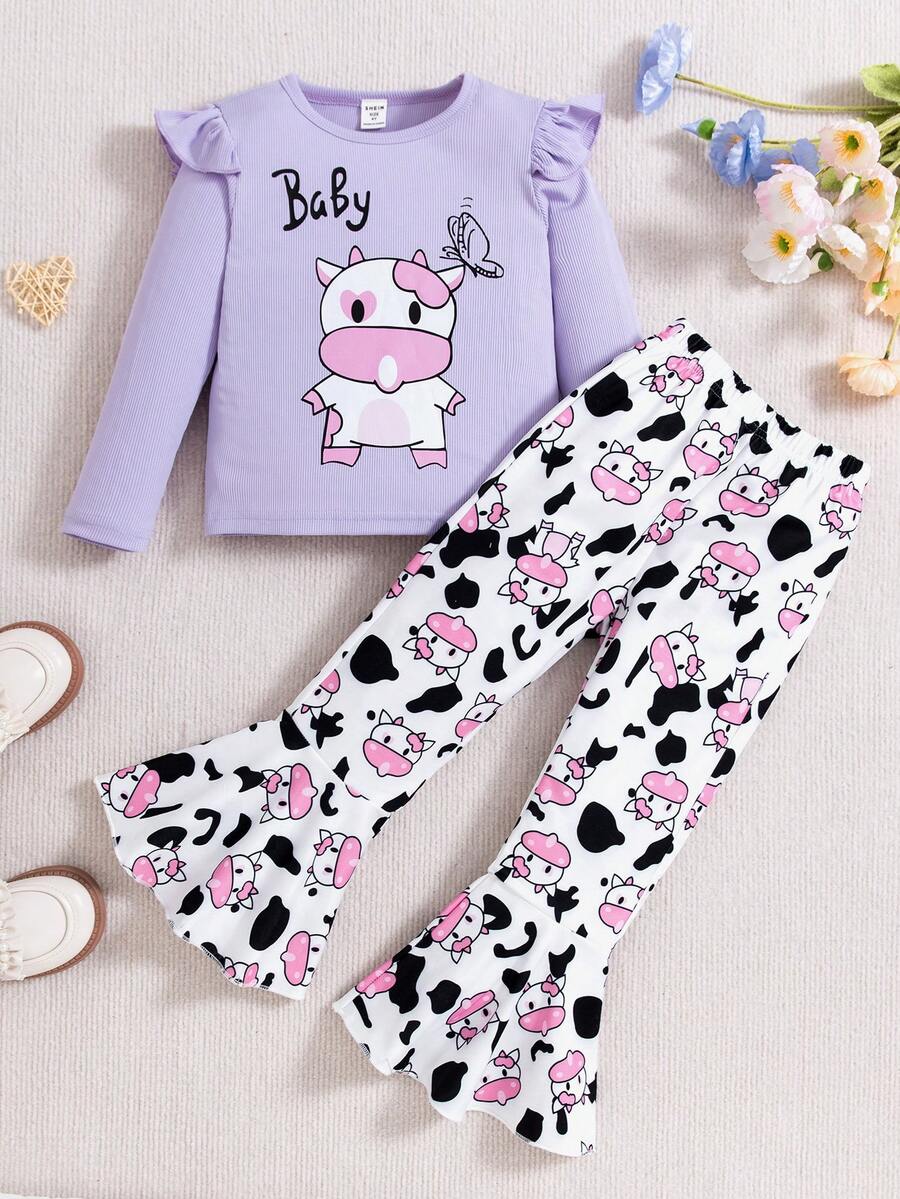 SHEIN Cô Gái Trẻ In hoa bò Viền Ruffle Áo thun & Đồ họa Hoạt hình Quần ống loe - Màu tím hoa cà - Xem 1