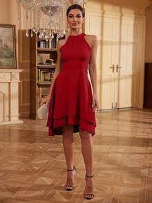 Solid Halter Neck A-Line Dress - Burgundy - View 7