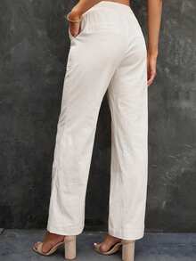 Drawstring Waist Straight Leg Pants - White - View 2