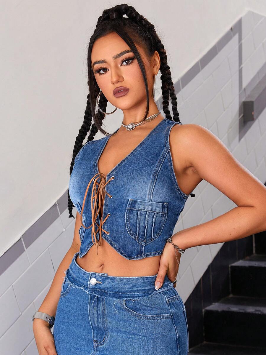 SHEIN ICON Lace Up Front Crop Tank Denim Top - Medium Wash - View 1
