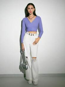 SHEIN EZwear Surplice Neck Rib-knit Crop Tee - Purple - View 6