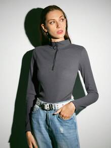 DAZY 纯色半拉链T恤，秋季服装长袖女式上衣 - 深灰色 - 查看 6