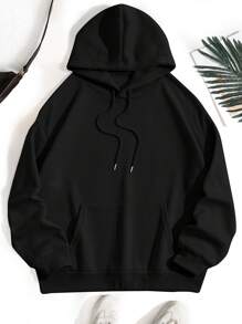 SHEIN EZwear Plus Size Floral & Letter Graphic Drawstring Thermal Lined Sweatshirt - Black - View 2