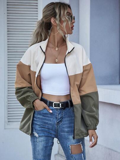 EMERY ROSE Color-Block Zip Up Drawstring Hem Jacket Fall Winter Cloth For Women