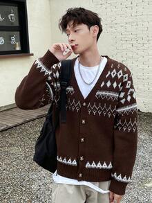 Manfinity Hypemode Men's Geometric Pattern Drop-shoulder Cardigan With Open Front - Coffee Brown - View 4