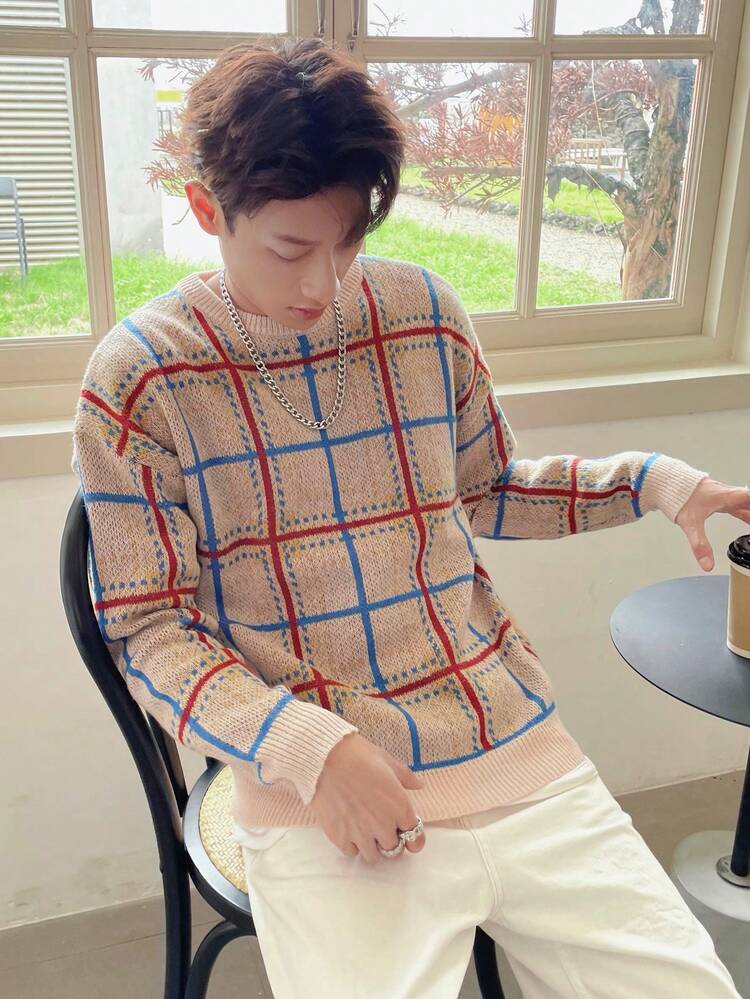 Men's Checkered Round Neck Sweater