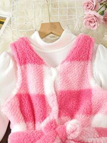 SHEIN Cô gái Tween 1 Miếng In kẻ sọc Thắt lưng Teddy Áo vest & 1 Miếng Áo thun - Nhiều màu - Xem 4