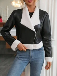 SHEIN Frenchy Teddy Lined Zip Up Moto Jacket - Black - View 4