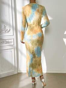 SHEIN VCAY Tie Dye Distressed Pencil Dress - Blue - View 2