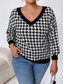 SHEIN CURVE+ Plus Houndstooth Print Drop Shoulder Sweatshirt - Black - View 4