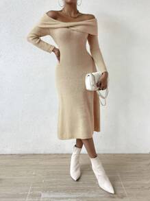Chiquease Vestido de punto doblado de hombros descubiertos tejido de canalé - Camel - Ver 5