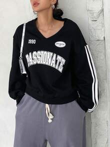 Dazy Star 字母圖案條紋圖案側落肩袖運動衫 - 黑色 - 查看 3