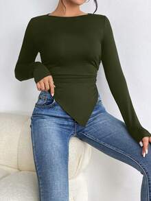 SHEIN Essnce Camiseta unicolor fruncido lateral bajo asimétrico - Verde militar - Ver 5