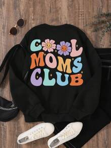 SHEIN Unity 花卉和標語圖案保暖襯裡運動衫 - 黑色 - 查看 1