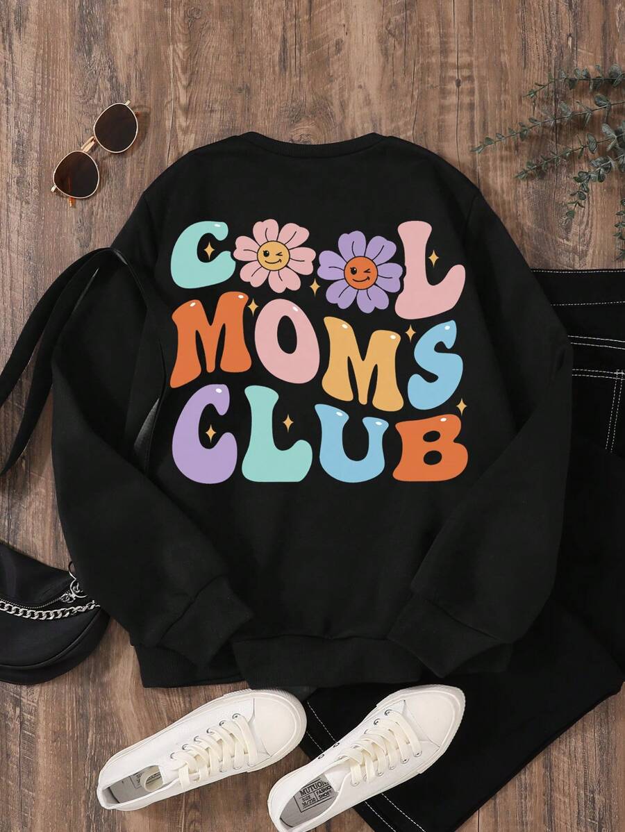 SHEIN Unity 花卉和標語圖案保暖襯裡運動衫 - 黑色 - 查看 1