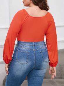 SHEIN Essnce Plus Ruched Bust Lantern Sleeve Ruched Bustier Bodysuit - Burnt Orange - View 2