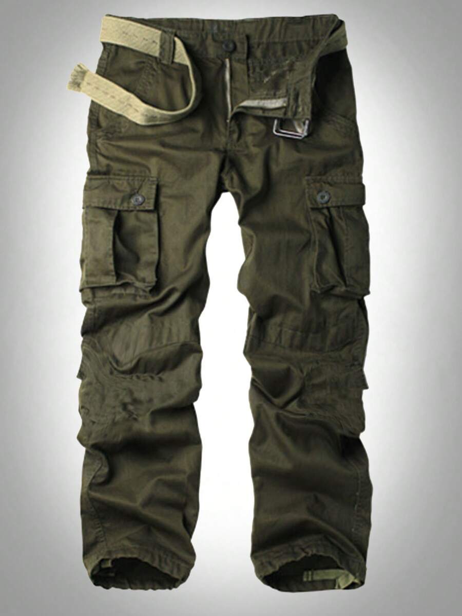Manfinity Homme Men Flap Pocket Drawstring Hem Cargo Pants Long Tactical Plain Army Green Going Out - Army Green - View 1