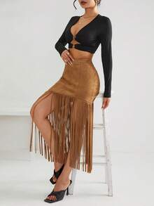 Bohemela Fringe Hem Suedette Skirt - Rust Brown - View 3