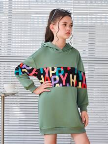 SHEIN Cô gái Tween Đồ họa Chữ cái Thả vai Đàm áo cánh có mũ - Màu xanh Bạc hà - Xem 6