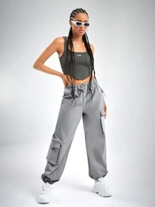 SHEIN ICON Gorpcore Drawstring Waist Flap Pocket Cargo Parachute Trousers - Grey - View 2