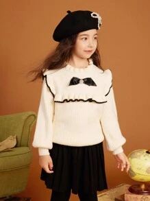 Tween Girl Bow Front Lantern Sleeve Frill Trim Sweater - Beige - View 3