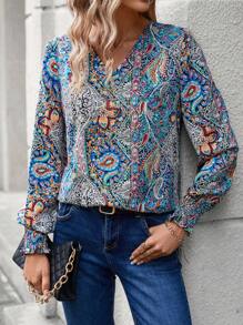 SHEIN LUNE Paisley Print Lantern Sleeve Blouse - Multicolor - View 4