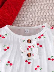 Baby Girl Cherry Print Ruffle Trim Button Front Jumpsuit - White - View 4