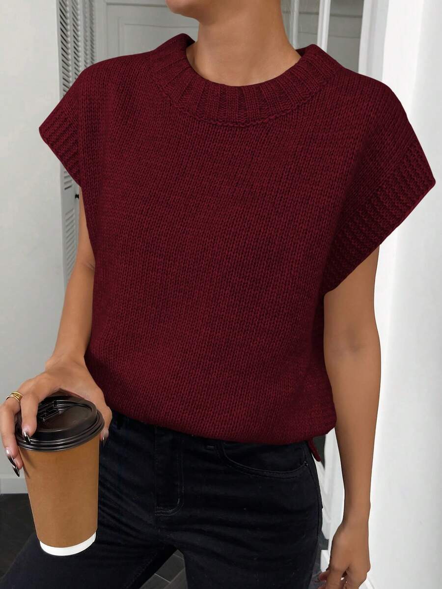 SHEIN Essnce 素色蝙蝠袖毛衣背心 - 酒紅色 - 查看 1