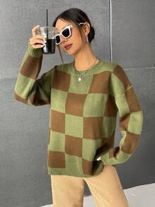 SHEIN EZwear Checker Pattern Drop Shoulder Sweater - Multicolor - View 5