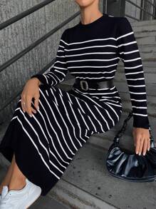 條紋長袖高領毛衣洋裝 - 藏蓝色 - 查看 5