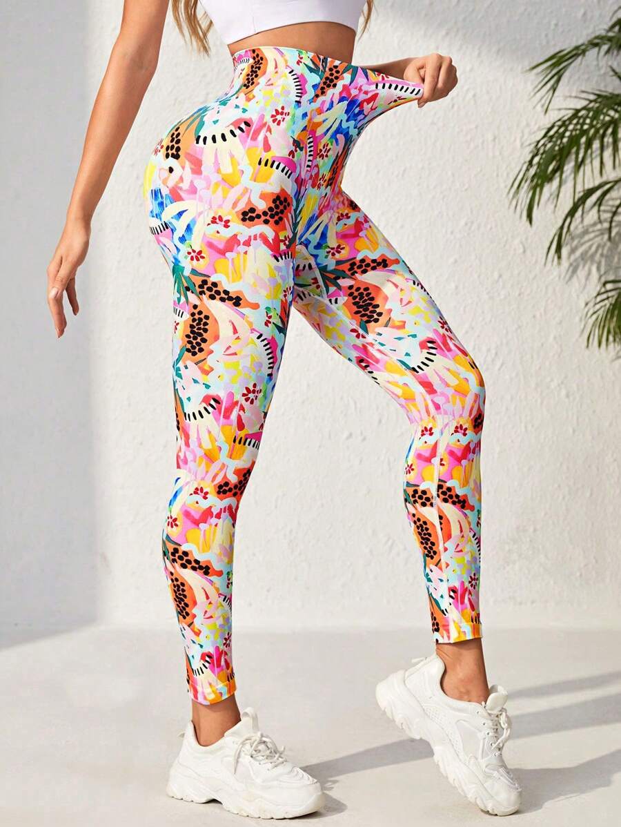 SHEIN Sports 全身印花寬腰運動緊身褲運動緊身褲 - 彩色 - 查看 1