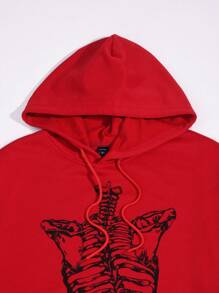 ROMWE MEN Goth Men Skeleton Print Drawstring Hoodie - Red - View 3
