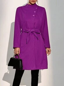 SHEIN Privé Funnel Neck Button Detail Belted Overcoat - Purple - View 3