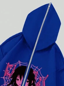 ROMWE MEN Anime Guys Figure & Letter Graphic Zip Up Hoodie - Blue - View 3