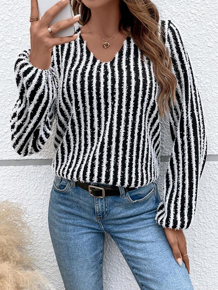 Striped Print Lantern Sleeve Tee Fall Cloth For Women