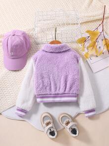 SHEIN Young Girl Letter Patched Striped Trim Colorblock Flannelette Jacket - Mauve Purple - View 2