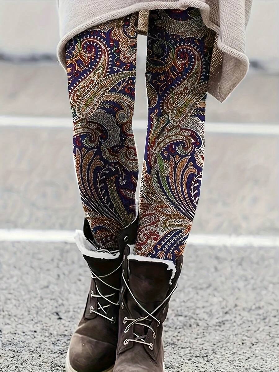 Plus Paisley Print Leggings - Blue - View 1