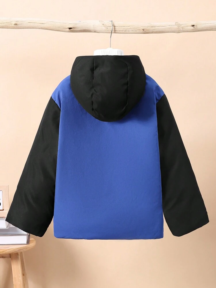 Tween Boy 1pc Slogan Graphic Colorblock Hooded Padded Coat