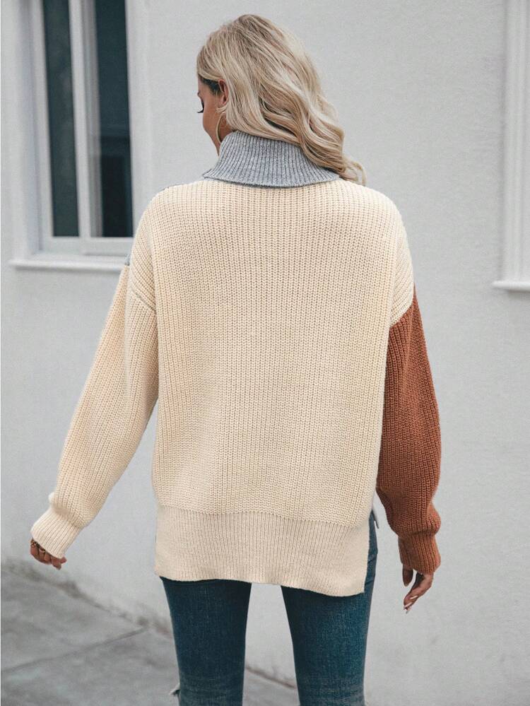 Colorblock Turtleneck Cable Knit Drop Shoulder Knit Pullover Fall Winter Sweater