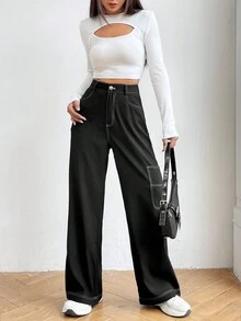 SHEIN Unity Pantalones de pierna ancha con puntada - Negro - Ver 3